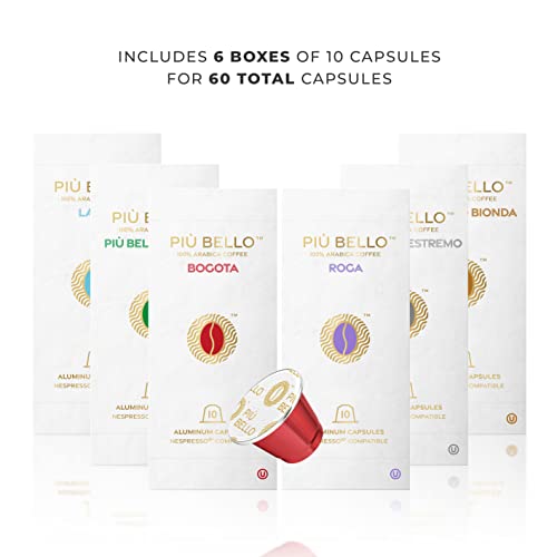 Piu Bello Coffee Pods Variety Pack - Nespresso Machine (Original) Compatible Capsules - Light Roast, Dark Roast, Chocolate, Nuts, Caramel - Rich & Balanced Taste, Kosher (6 Flavor Multipack 60 Count)