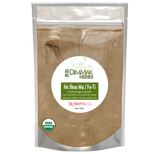 Dimmak Herbs Organic Fo Ti Root Raw Chinese Herb Powder - Cure/Prepared USDA Organic He Shou Wu (Polygonum Multiflorum Preperata) Add to Water or Smoothie 1 4oz/112g Bag