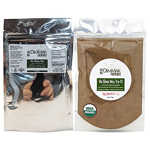 Dimmak Herbs Organic Fo Ti Root Raw Chinese Herb Powder - Cure/Prepared USDA Organic He Shou Wu (Polygonum Multiflorum Preperata) Add to Water or Smoothie 1 4oz/112g Bag