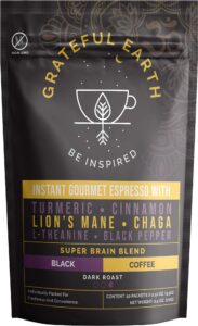 grateful earth super brain blend instant gourmet espresso black coffee with nootropics 20 packets microground robusta and arabica coffee with turmeric, cinnamon, black pepper