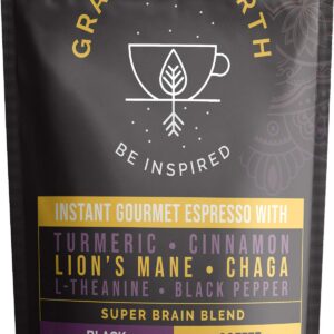 Grateful Earth Super Brain Blend Instant Gourmet Espresso Black Coffee with Nootropics 20 Packets Microground Robusta and Arabica Coffee with Turmeric, Cinnamon, Black Pepper