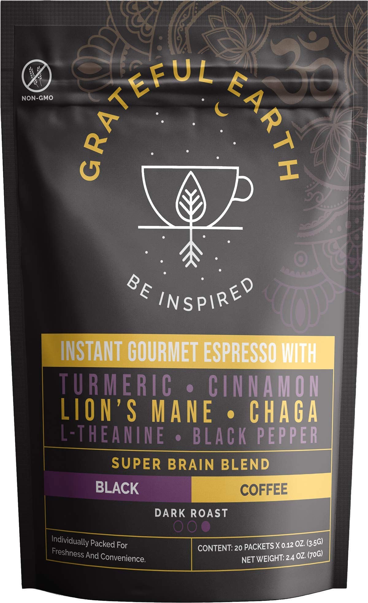 Grateful Earth Super Brain Blend Instant Gourmet Espresso Black Coffee with Nootropics 20 Packets Microground Robusta and Arabica Coffee with Turmeric, Cinnamon, Black Pepper