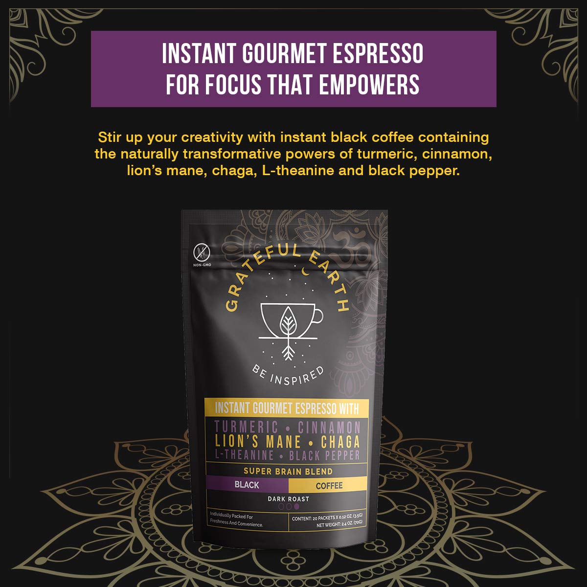 Grateful Earth Super Brain Blend Instant Gourmet Espresso Black Coffee with Nootropics 20 Packets Microground Robusta and Arabica Coffee with Turmeric, Cinnamon, Black Pepper