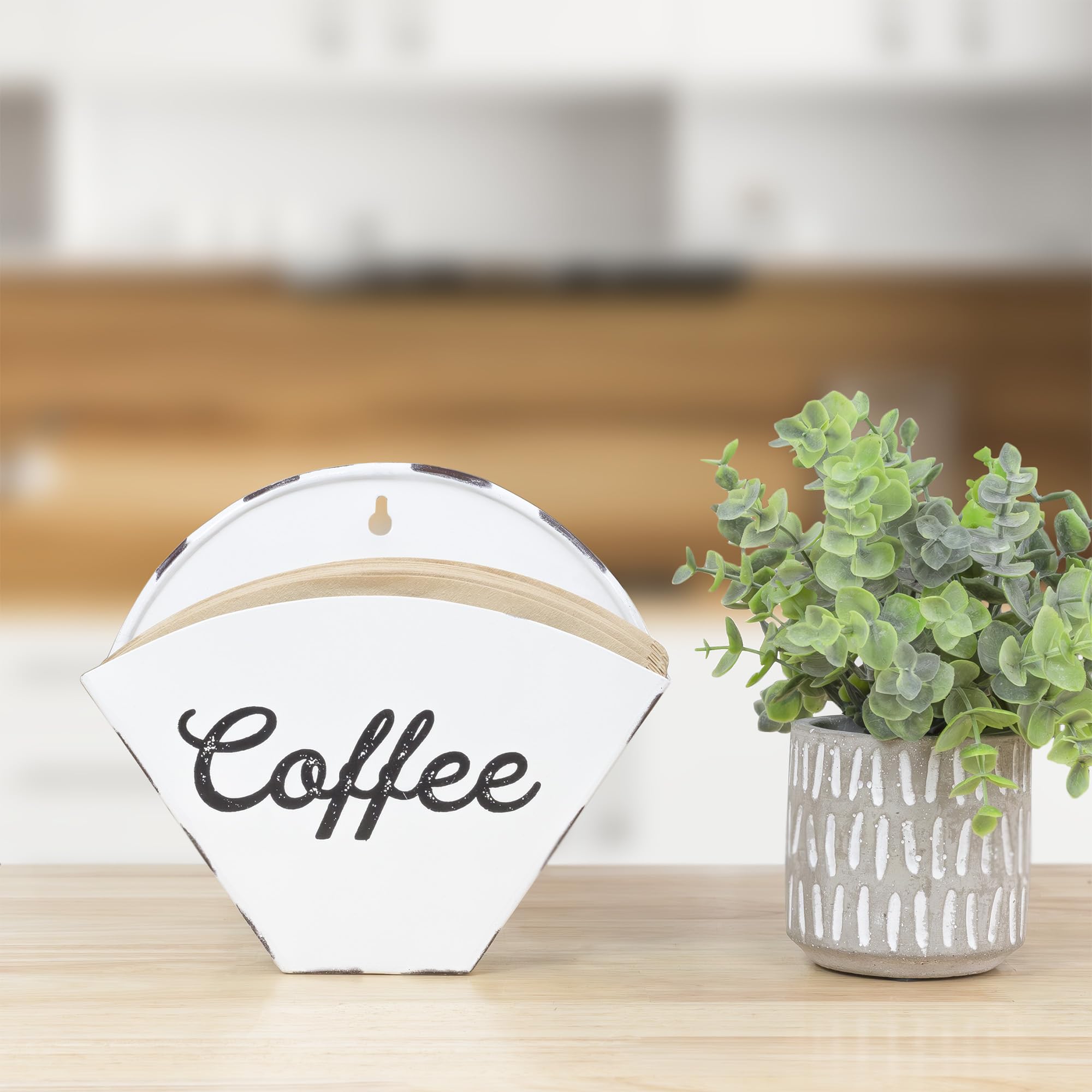 AuldHome Enamelware Coffee Filter Holder (White, Cone-Shaped), Wall-Mount Vintage Farmhouse Style White Filter Storage Container