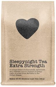 sleepynight tea extra strength, 45-60 servings, eco-conscious zip pouch, caffeine free, pure loose leaf tea grown in america, 5 ounce (medium)