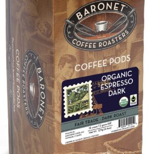 Baronet Coffee Organic ESE Espresso Pods - Espresso Roast , 7.2 Grams - Individually Wrapped for Freshness - Rich, Traditional Flavor - 18 Count (Pack of 3)