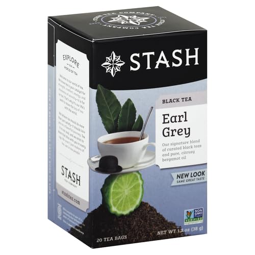 Stash Tea Earl Grey Black Tea, 20 Count Tea Bags Individually Wrapped in Foil, Black Tea with Citrus-y Bergamot, Premium Black Tea, Full Caffeine, Drink Hot or Iced