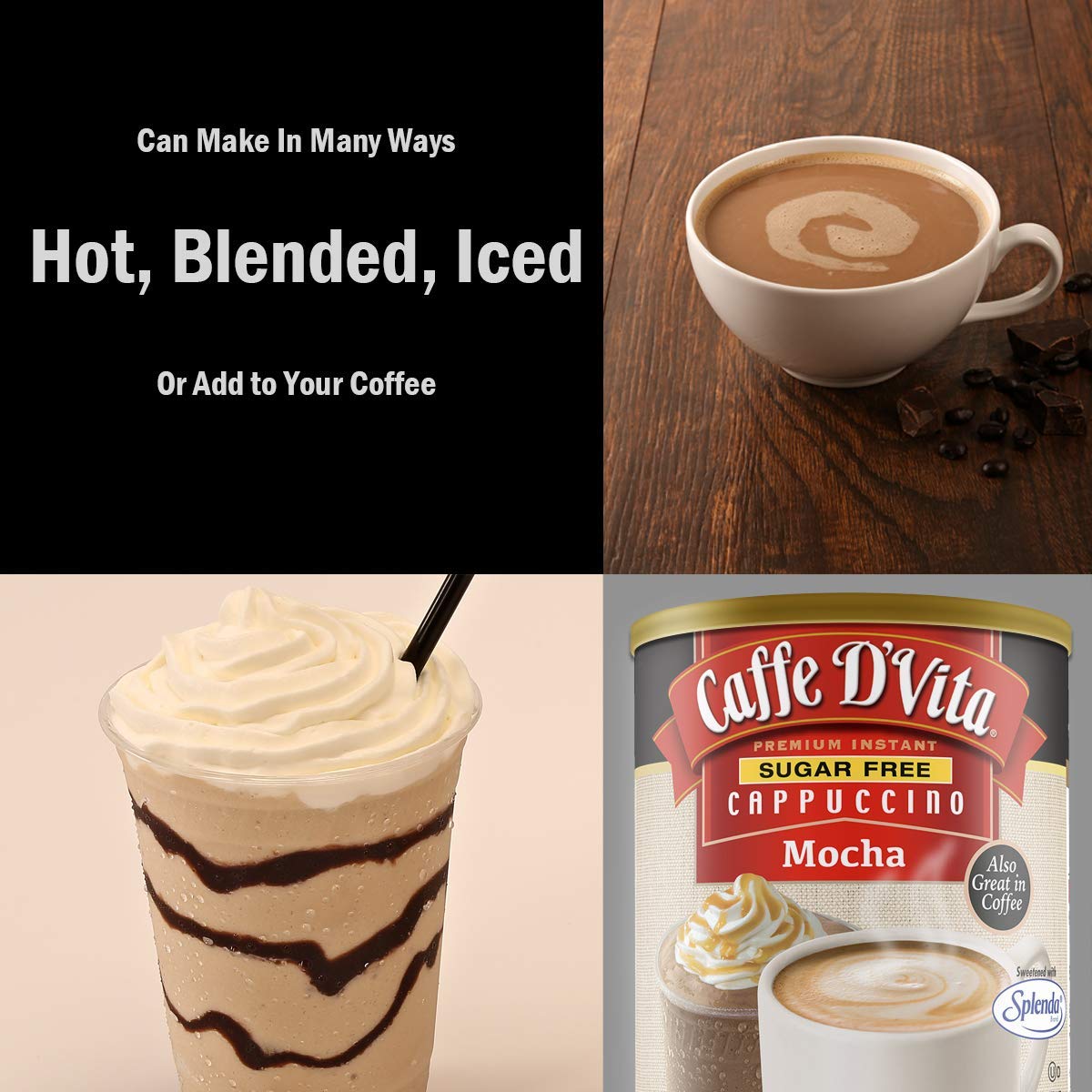 Caffe D’Vita Sugar Free Mocha Cappuccino Mix - Sugar Free Mocha Mix, Gluten Free, No Cholesterol, No Hydrogenated Oils, No Trans Fat, 99% Caffeine Free, Sugar Free Mocha Powder - 8.5 Oz Can, 6-Pack