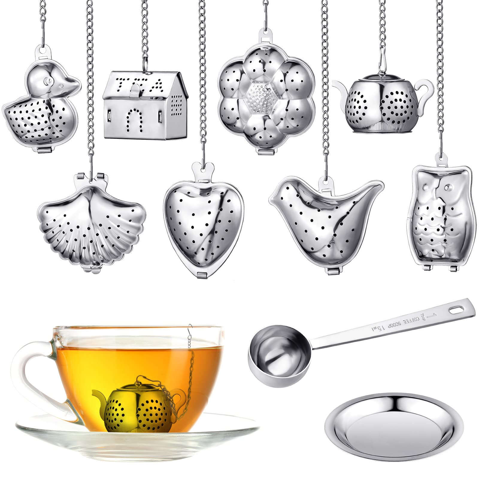 Vesici 10 Sets Loose Leaf Tea Infuser Set Stainless Steel Tea Strainer for Loose Tea Holder Infuser Ball Tea Filter Includes Chain Hooks and 1 Drip Trays with 1 Tea Spoon for Brew Tea Leaves Mug