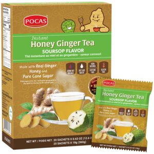 pocas honey ginger tea - instant tea powder packets with soursop & ginger honey crystals tea, non-gmo/gluten free/caffeine free tea, 20 count