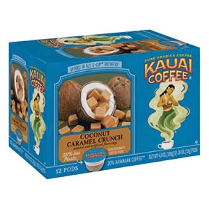 kauai coffee coconut caramel crunch medium roast- compatible with keurig pods k-cup brewers (1 pack of 12 single-serve cups)