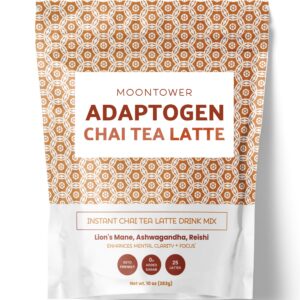 mushroom chai tea latte mix by moontower – superfood adaptogenic mushroom drink powder with ashwagandha, lions mane, reishi, organic spices, & black tea, coffee alternative, keto, dairy free, 10 oz