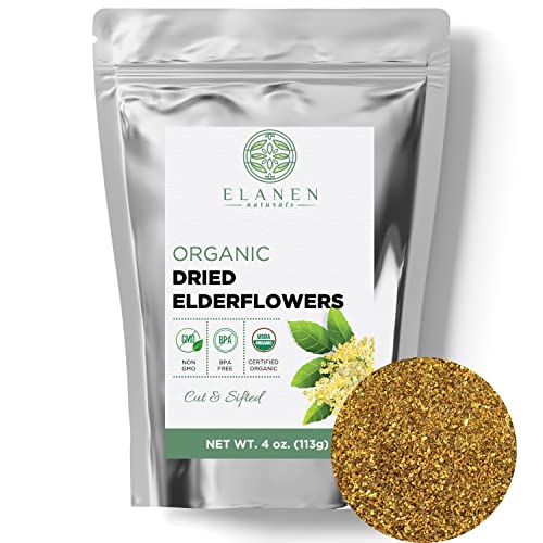 Organic Dried Elderflowers 4 oz. (113g), USDA Certified Organic Dried Elder Flowers, Organic Elderflower Tea, Elder Herb Tea, Elderberry Flower Tea, Flor De Sauco, Whole