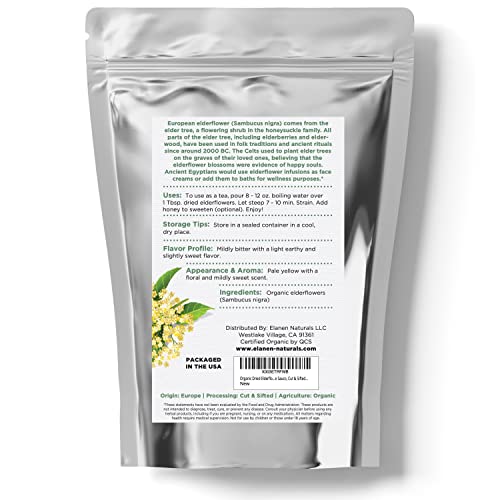 Organic Dried Elderflowers 4 oz. (113g), USDA Certified Organic Dried Elder Flowers, Organic Elderflower Tea, Elder Herb Tea, Elderberry Flower Tea, Flor De Sauco, Whole