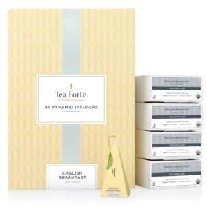 tea forte english breakfast black tea event box, bulk pack of 48 pyramid infuser tea sachets for all occasions