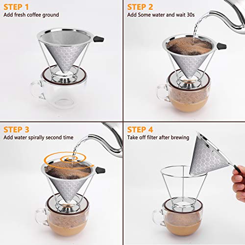 Pour Over Coffee Maker, Stainless Steel Reusable Coffee Filter, Paperless Manual Coffee Cone Filter, Pour Over Coffee Dripper for (1-4 Cup), Fine Mesh Coffee Strainer with Stand and Bonus Brush (1)