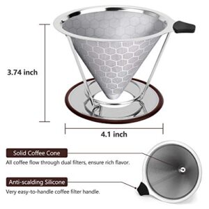 Pour Over Coffee Maker, Stainless Steel Reusable Coffee Filter, Paperless Manual Coffee Cone Filter, Pour Over Coffee Dripper for (1-4 Cup), Fine Mesh Coffee Strainer with Stand and Bonus Brush (1)