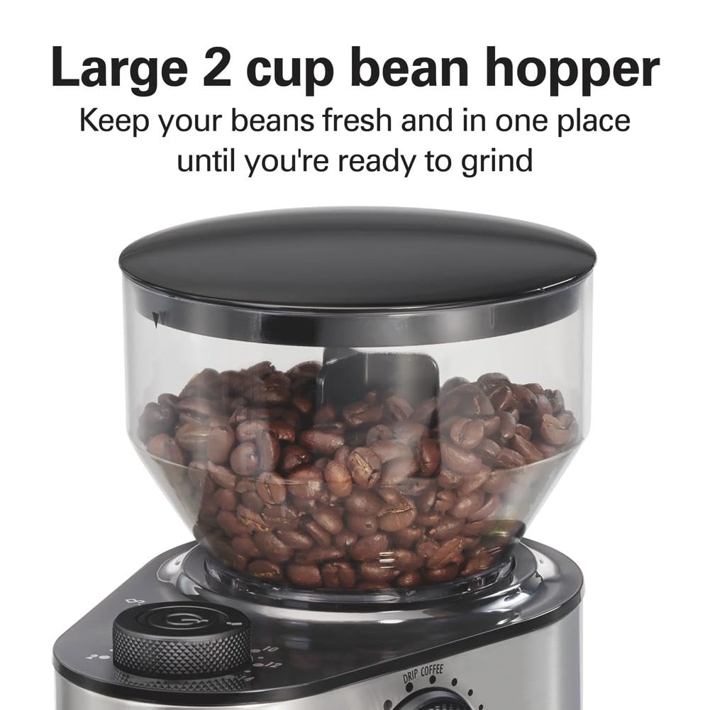 Hamilton Beach Electric Burr Coffee Grinder with Large 16oz Hopper & 18 Settings For 2-14 Cups, Stainless Steel (80385)