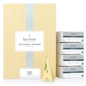 tea forte earl grey black tea event box, bulk pack of 48 pyramid infuser tea sachets for all occasions