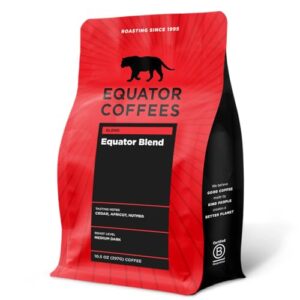 equator coffees, equator blend whole bean coffee, medium dark roast, fresh roasted, smooth chocolate & nutmeg flavor notes, sustainable, 10.5 oz bag