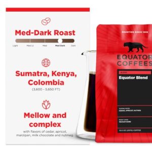 Equator Coffees, Equator Blend Whole Bean Coffee, Medium Dark Roast, Fresh Roasted, Smooth Chocolate & Nutmeg Flavor Notes, Sustainable, 10.5 oz Bag