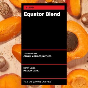 Equator Coffees, Equator Blend Whole Bean Coffee, Medium Dark Roast, Fresh Roasted, Smooth Chocolate & Nutmeg Flavor Notes, Sustainable, 10.5 oz Bag