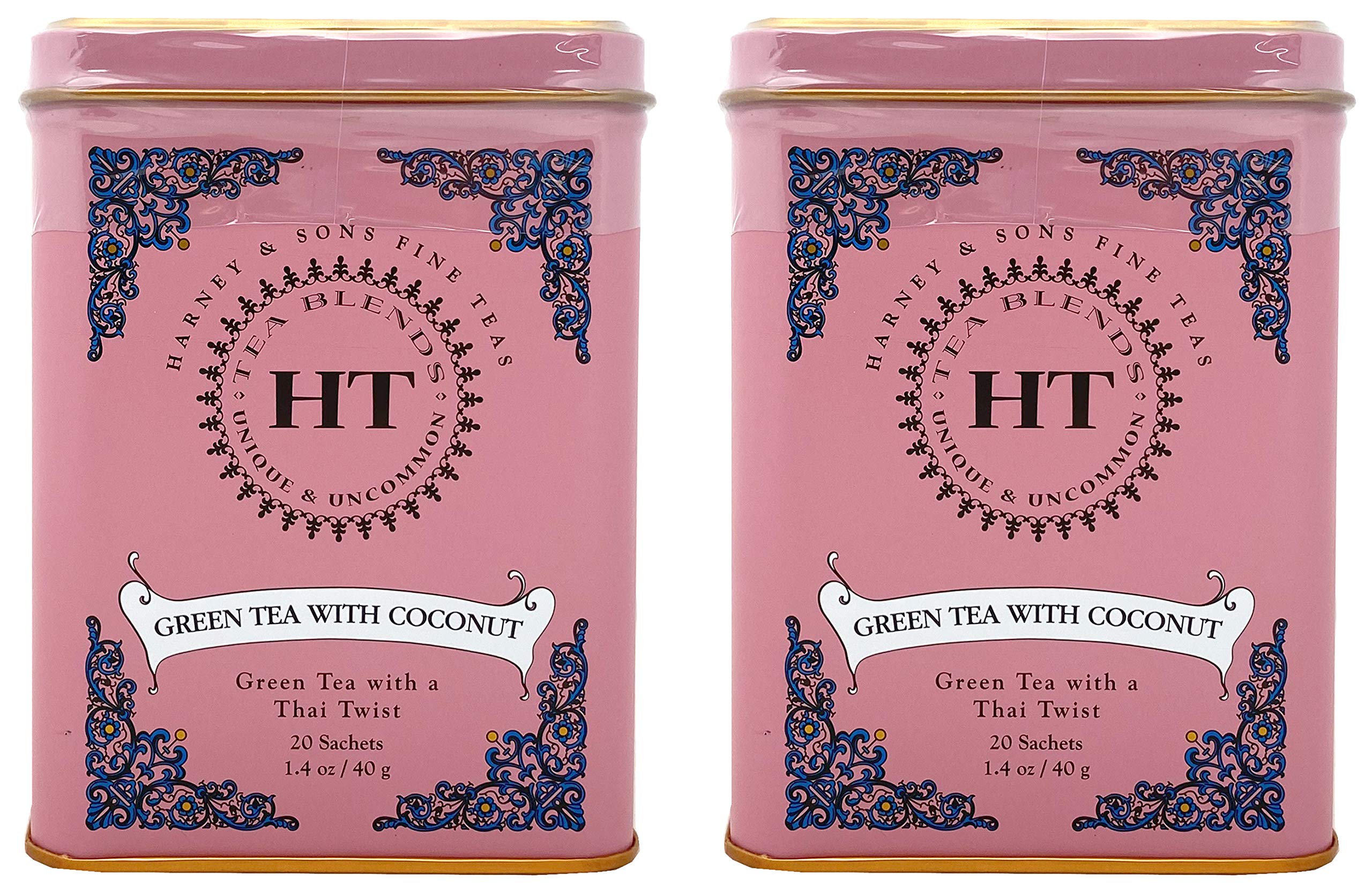 Harney & Sons Green Tea with Coconut, Ginger, and Vanilla Tea Tin - Green Tea with a Thai Twist - 20 Sachets (Pack of 2)