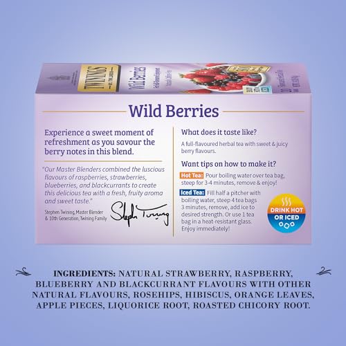 Twinings Wild Berries Tea - Bright and Uplifting Naturally Caffeine-Free Herbal Tea Bags Individually Wrapped, 20 Count