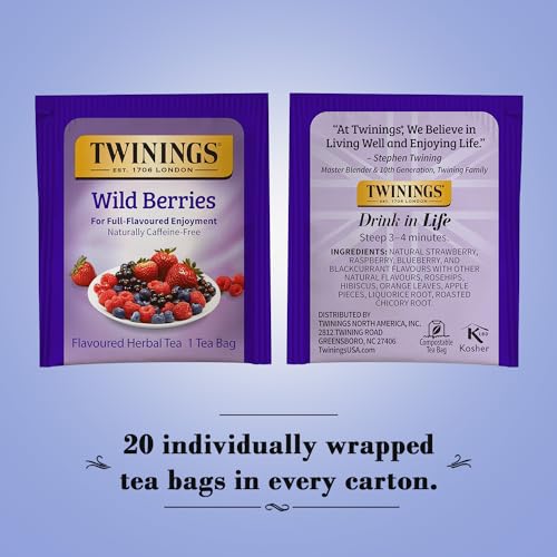 Twinings Wild Berries Tea - Bright and Uplifting Naturally Caffeine-Free Herbal Tea Bags Individually Wrapped, 20 Count