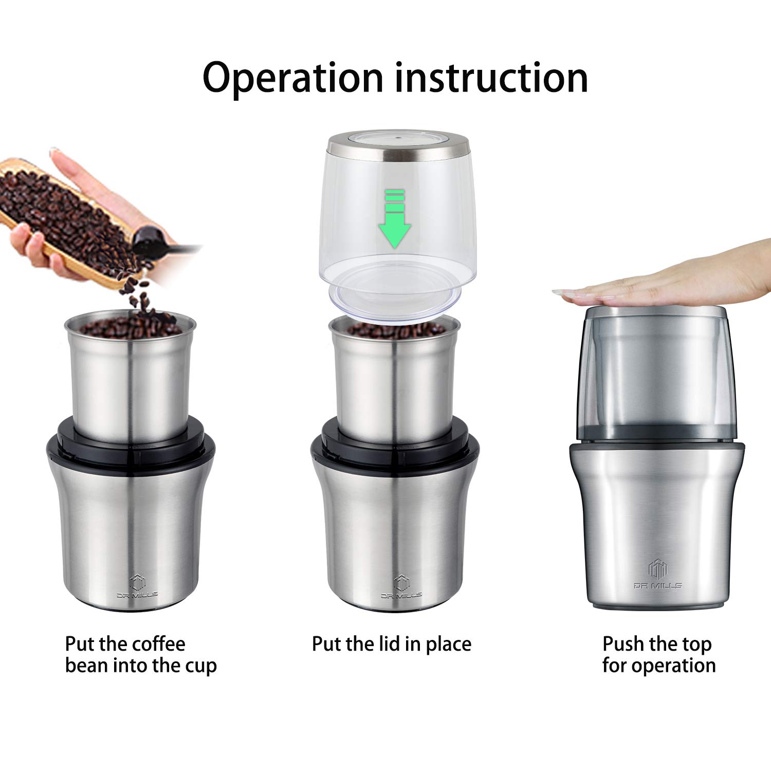 DR MILLS DM-7412M Electric Spice Grinder and Coffee Grinder, Grinder and chopper,detachable cup, diswash free, Blade & cup made with SUS304 stianlees steel