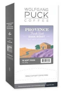 wolfgang puck coffee, provence french roast gram coffee, 9.5 gram pods, 18 count