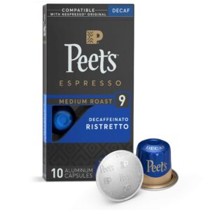 peet's coffee espresso capsules decaffeinato ristretto intensity 9, single cup coffee pods, compatible with nespresso original brewers, 10count