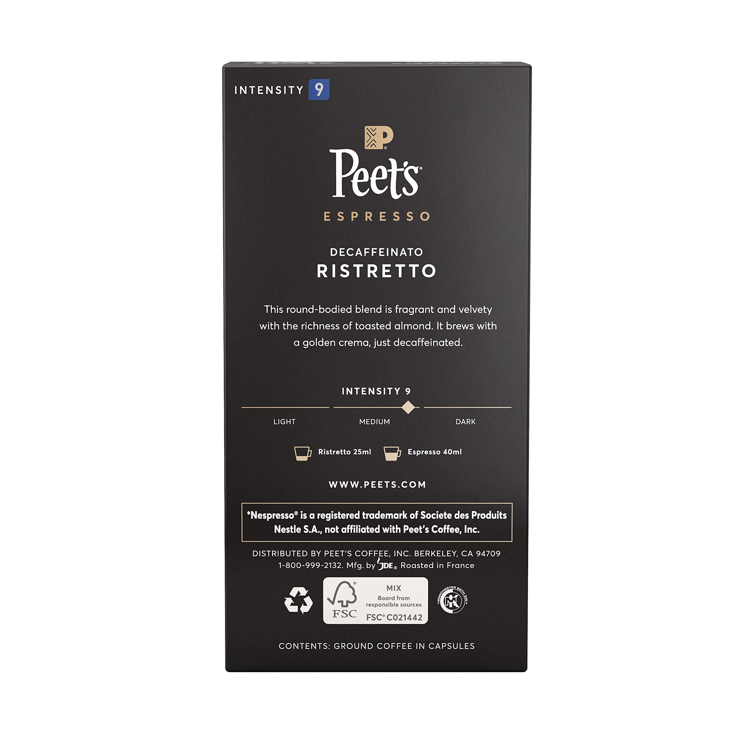 Peet's Coffee Espresso Capsules Decaffeinato Ristretto Intensity 9, Single Cup Coffee Pods, Compatible With Nespresso Original Brewers, 10Count