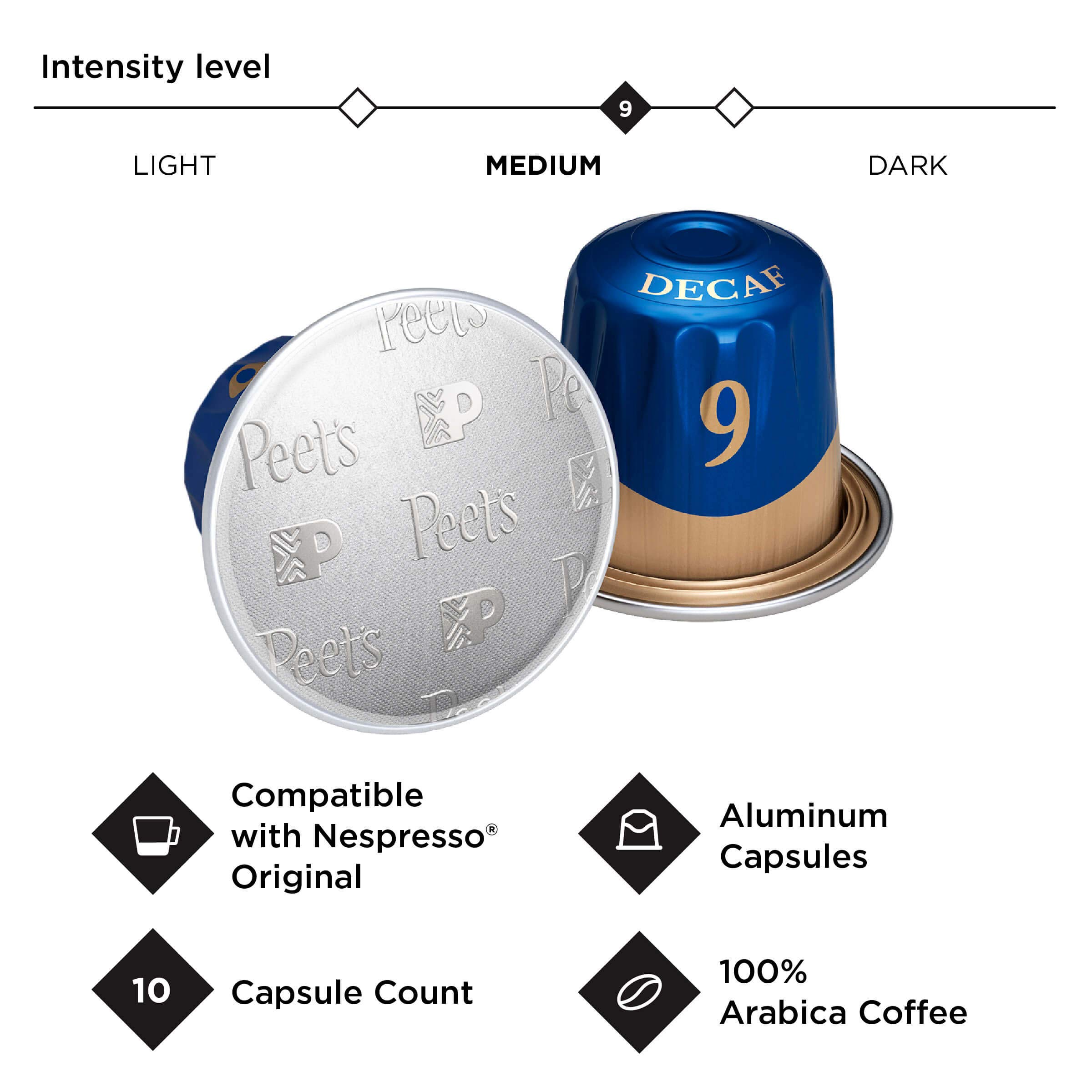 Peet's Coffee Espresso Capsules Decaffeinato Ristretto Intensity 9, Single Cup Coffee Pods, Compatible With Nespresso Original Brewers, 10Count