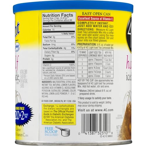 4C Light Powdered Drink Mix Cannisters, Zero Sugar Half & Half, 22 Quarts, Family Sized Cannister, Low Calorie, Thirst Quenching Flavors (Light Half & Half, 13.9 Ounce (Pack of 2))