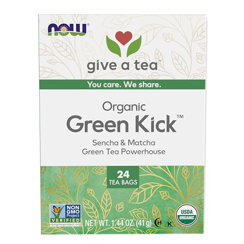 NOW Foods, Certified Organic Green Kick Tea, with Polyphenols, Premium Unbleached Tea Bags with No-Staples Design, No Added Colors, Preservatives, Flavors, or Sugars, 24-Count