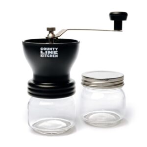county line kitchen, manual coffee grinder with ceramic burr, adjustable coarseness, hand coffee bean grinder, two glass jars 250ml each with metal lids