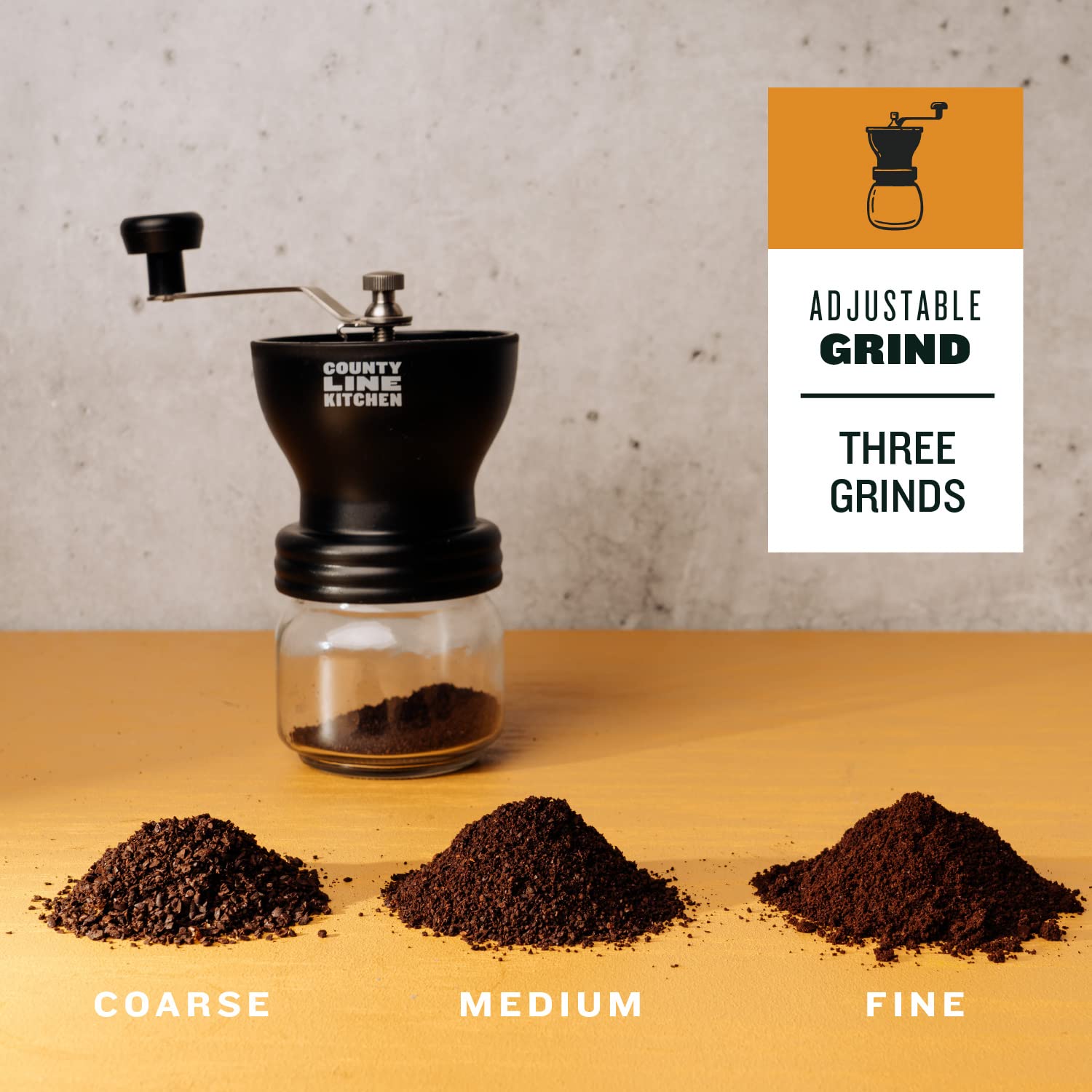 County Line Kitchen, Manual Coffee Grinder with Ceramic Burr, Adjustable Coarseness, Hand Coffee Bean Grinder, Two Glass Jars 250ml each with Metal Lids