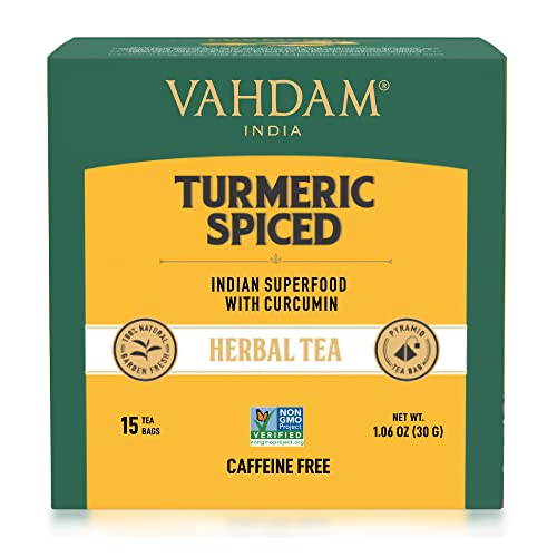 VAHDAM, USDA Organic Turmeric Spice Herbal Tea Bags (15 Count) Non GMO, Gluten Free | Herbal Blend Of Turmeric, Black Pepper, Cinnamon, Bergamot Flavor, Ginger, Cardamom, Lemongrass | Brew As Hot/Iced