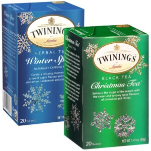 twinings christmas tea and winter spice tea variety pack - 1 caffeinated spiced black tea and 1 caffeine-free spiced camomile herbal tea, bags individually wrapped, 20 count (pack of 2)