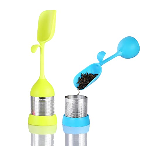 KITCHENDAO 2 in 1 Silicone Extra Fine Mesh Tea Infuser Filter with Integrated Spoon, Anti-floating Tea Steeper, Stainless Steel Tea Diffuser Strainer for Loose Leaf Tea, BPA Free, 2 Pack