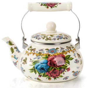 fasmov 2.5l enamel teapot, large porcelain enameled teakettle, floral colorful tea kettle with handle for stovetop, retro steel teapot for hot water, no whistling