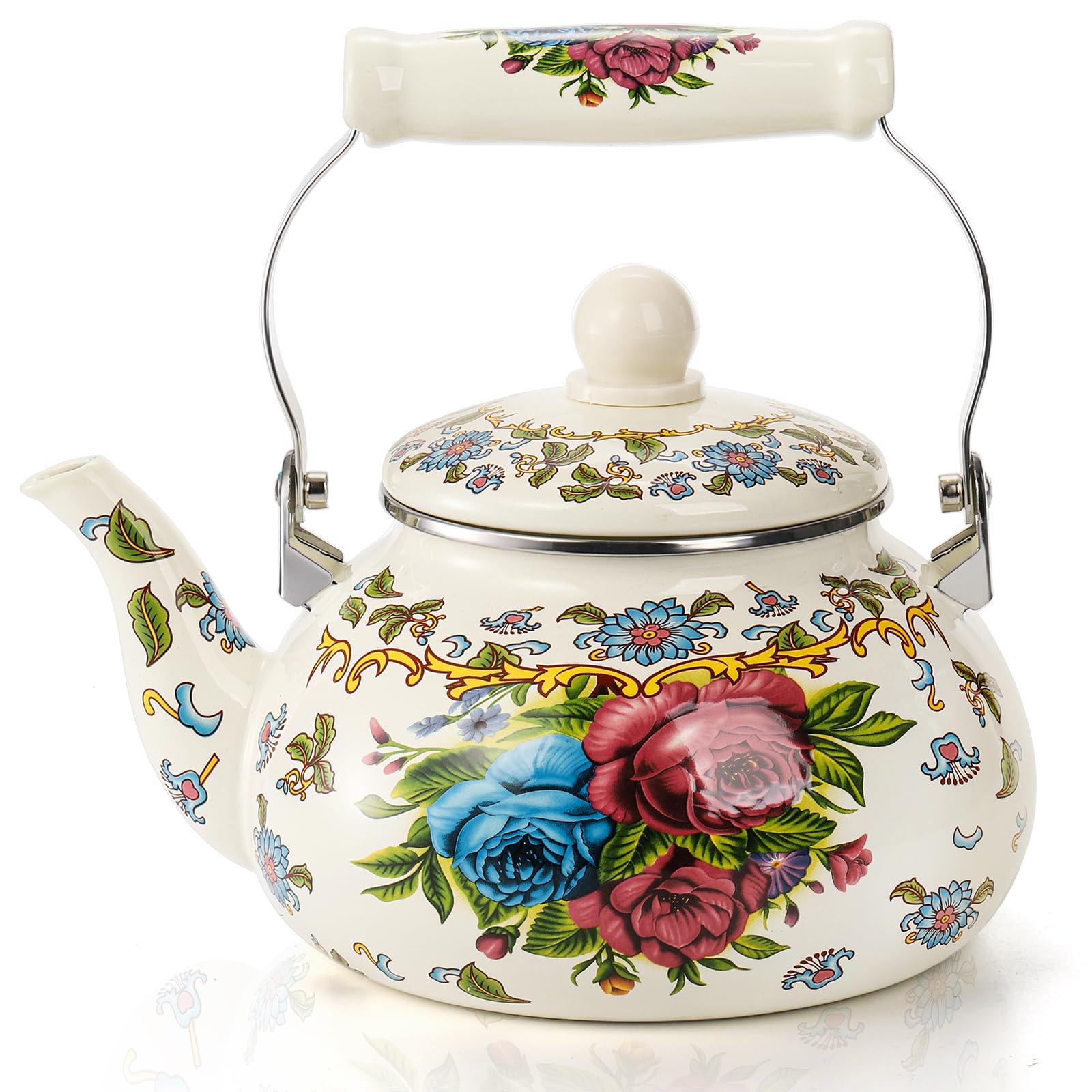 Fasmov 2.5L Enamel Teapot, Large Porcelain Enameled Teakettle, Floral Colorful Tea Kettle with Handle for Stovetop, Retro Steel Teapot for Hot Water, No Whistling