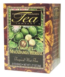 hawaiian islands tea company coconut macadamia herbal tea, all natural - 20 teabags (1 box)