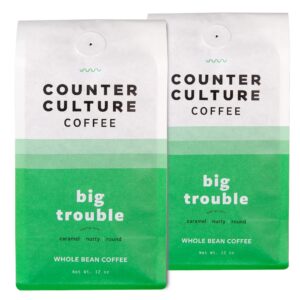 counter culture coffee big trouble - medium roast, sustainably sourced, kosher, whole bean coffee - nutty, caramel, and chocolate flavors - 12oz (2 bags)