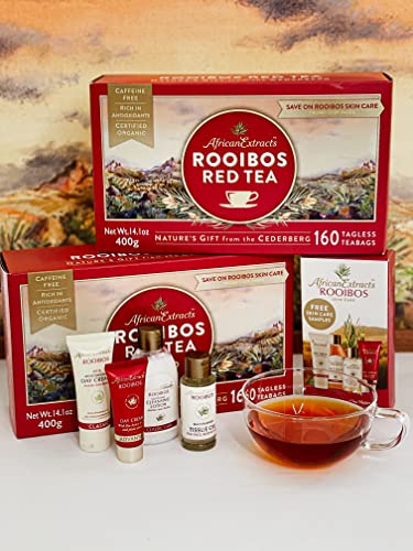 African Extracts Rooibos Tea - with Bonus SKINCARE Pack -160 Teabags USDA Organic South African 100% Pure Caffeine Free Fairtrade