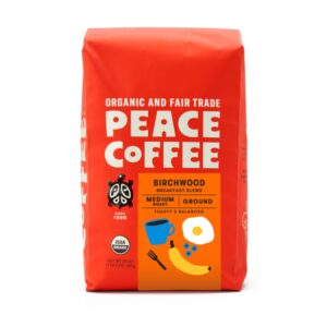 peace coffee birchwood breakfast blend | 20 oz ground medium roast | organic fair trade | smooth, mild flavor | shade grown, fresh roasted