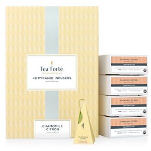 tea forte chamomile citron herbal tea event box, bulk pack of 48 pyramid infuser tea sachets for all occasions