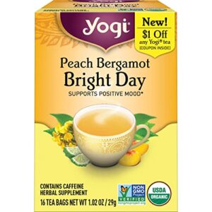 yogi tea peach bergamot bright day tea - 16 tea bags per pack (4 packs) - organic tea to support energy & positivity - includes oolong tea leaf, white hibiscus flower, rose hips & more