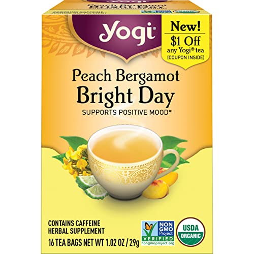 Yogi Tea Peach Bergamot Bright Day Tea - 16 Tea Bags per Pack (4 Packs) - Organic Tea to Support Energy & Positivity - Includes Oolong Tea Leaf, White Hibiscus Flower, Rose Hips & More